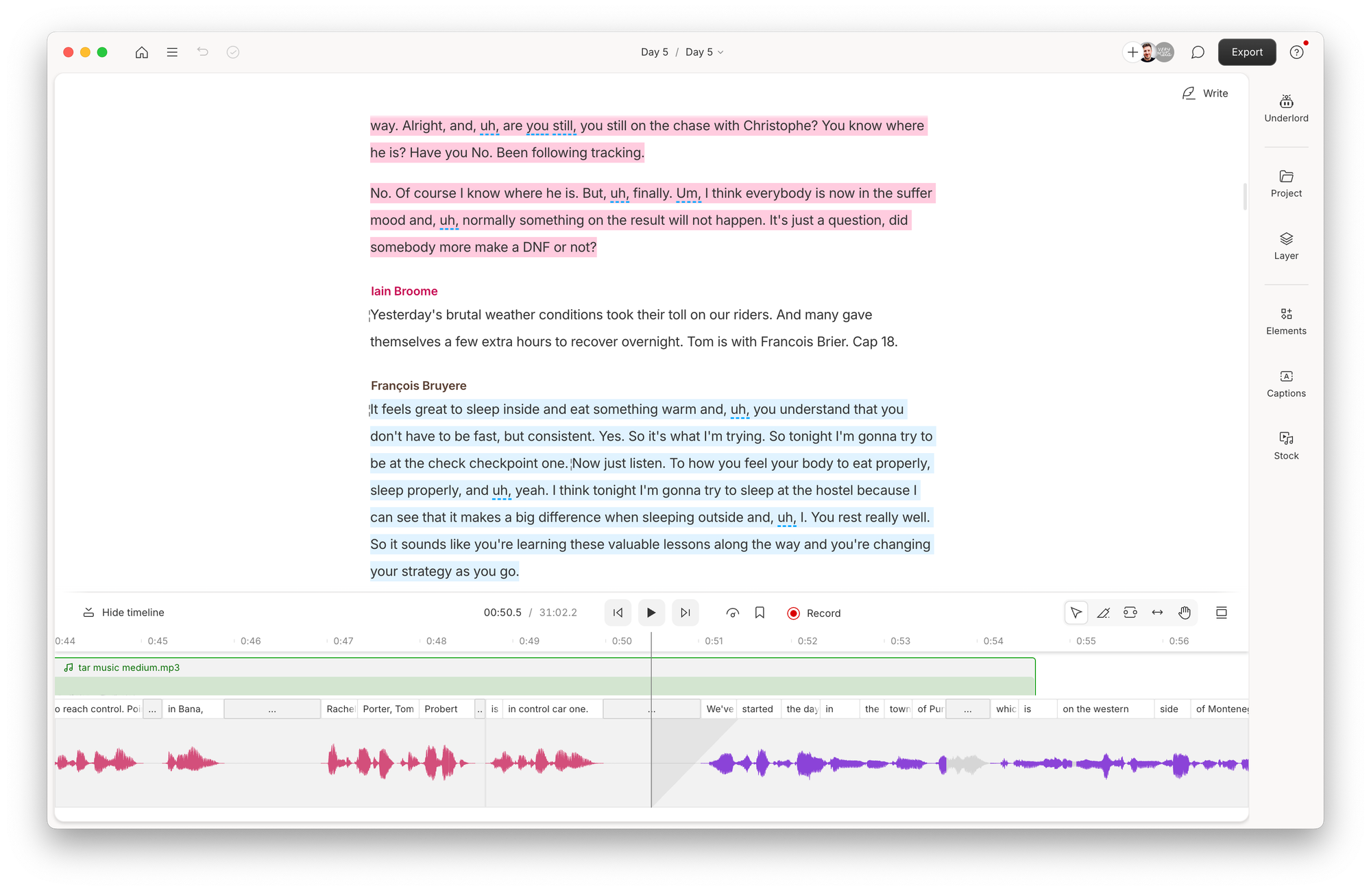 Screenshot of Descript's interface, which shows interview transcripts highlighted in different colours and a standard wave editing timeline below it