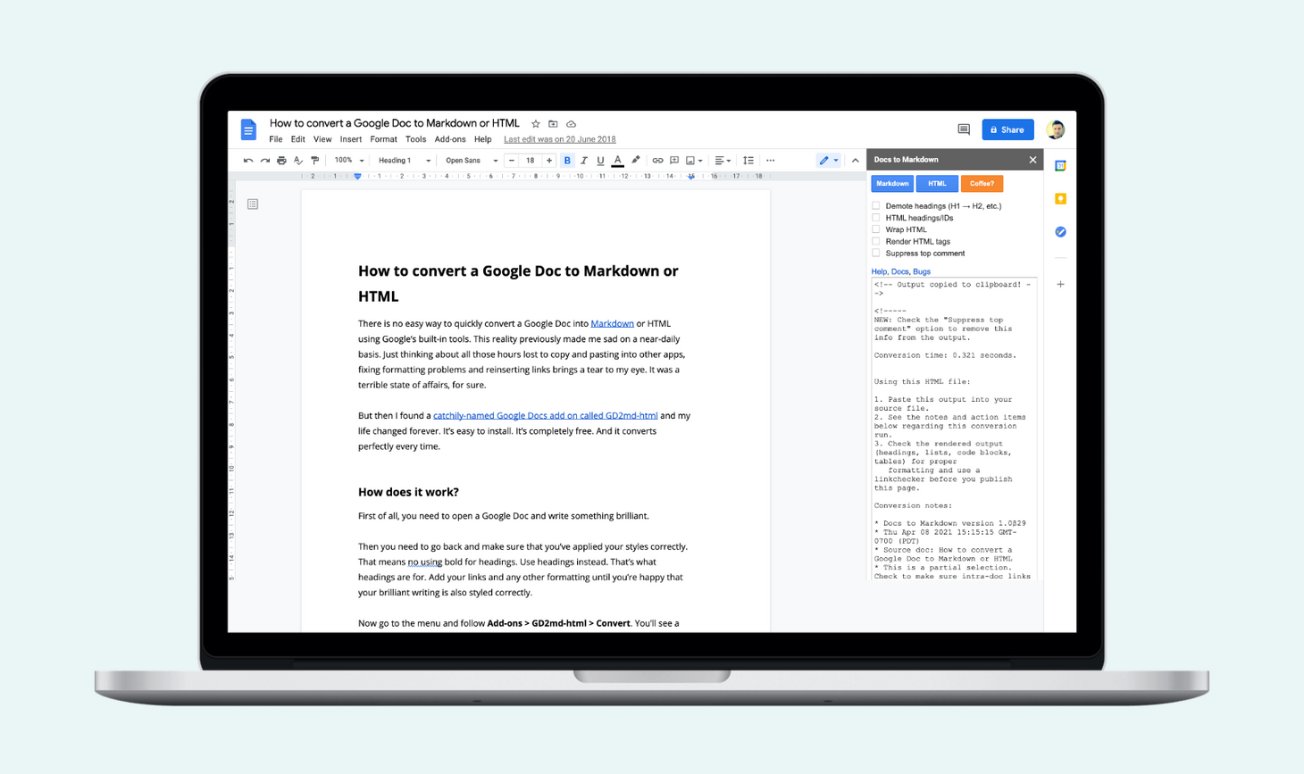 How to convert a Google Doc to Markdown or HTML